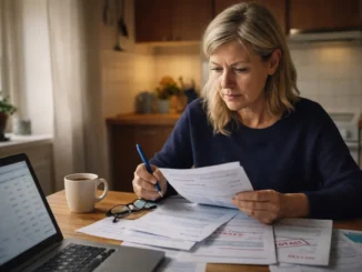 Kvinde gennemgår betingelser for gældssanering ved køkkenbordet med papirer og dokumenter