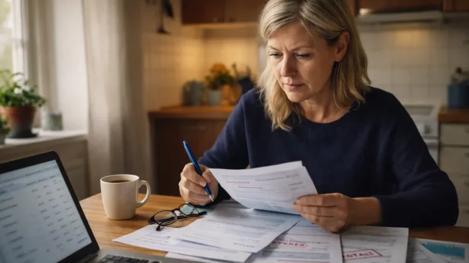 Kvinde gennemgår betingelser for gældssanering ved køkkenbordet med papirer og dokumenter