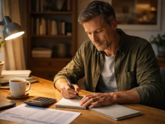 Mand beregner rådighedsbeløb ved gældssanering med budget og lommeregner på skrivebordet