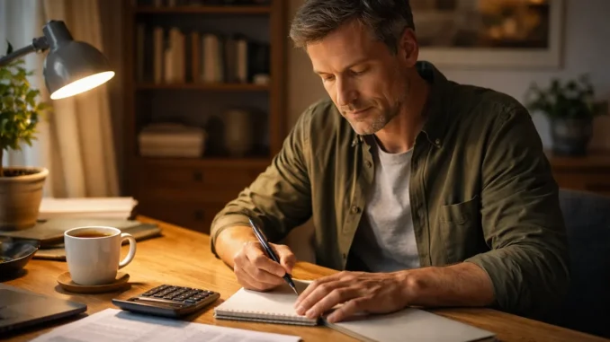 Mand beregner rådighedsbeløb ved gældssanering med budget og lommeregner på skrivebordet